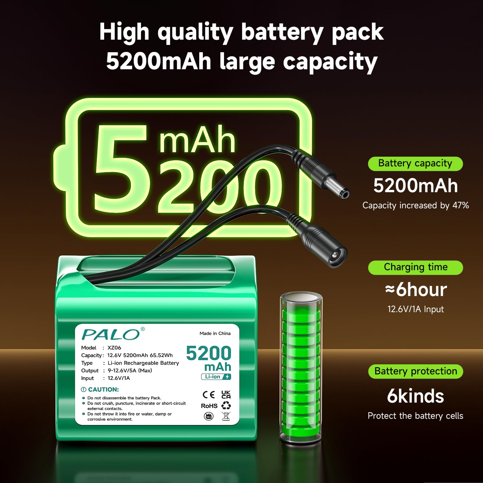Akumulator litowy 12,6 V DC 5200 mAh nadaje się do urządzeń 12 V, używany do paneli słonecznych, taśm świetlnych LED, odtwarzaczy MP3, routerów, przenośnych płyt DVD, dronów, świateł