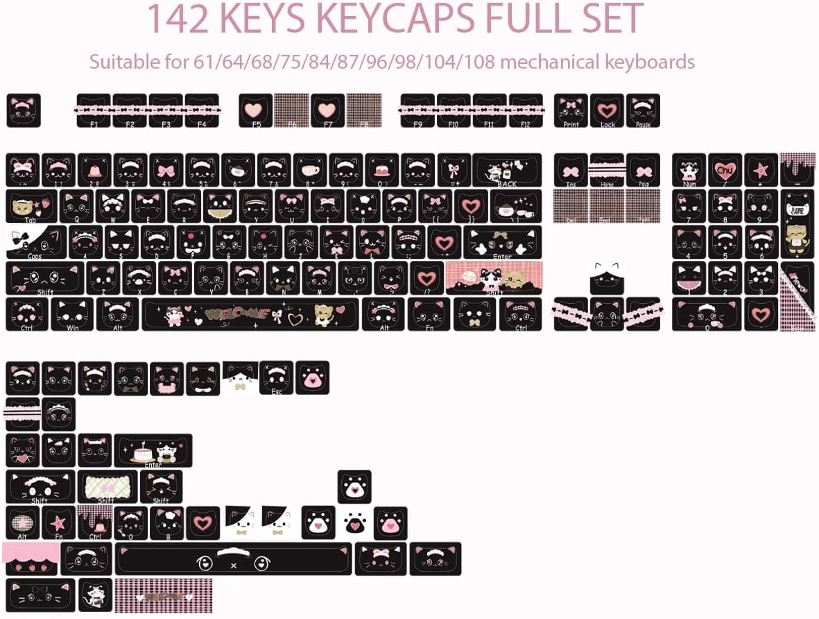 PBT Keycaps 142 Keys Cute Keycaps Dye-Sublimation Black Cat Keycap Mao Profile Custom Keycap for Cherry Gateron MX Swithes Mechanical Keyboards
