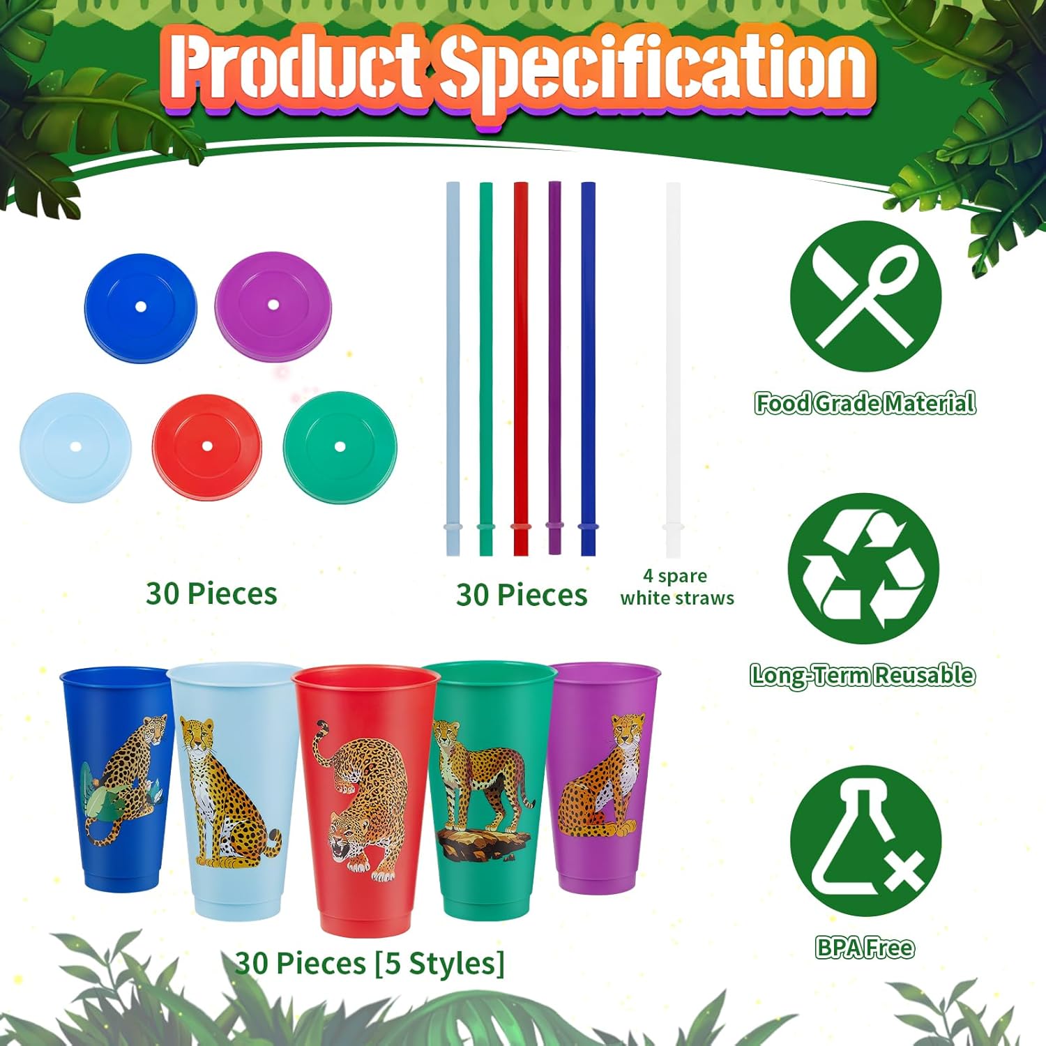 30 Pcs Cheetah Party Cups with Lid Straw 24 oz Plastic Drink Cups Reusable Bulk Leopard Tumblers for Cheetah Theme Party Favors Birthday Party Gifts