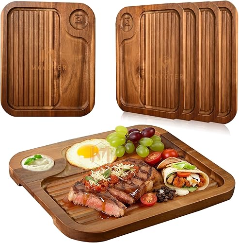 4 platos de madera de acacia, tabla de cortar de carnívoro para comer, plato de madera de carne tallada, bandeja para servir alimentos, tablas de
