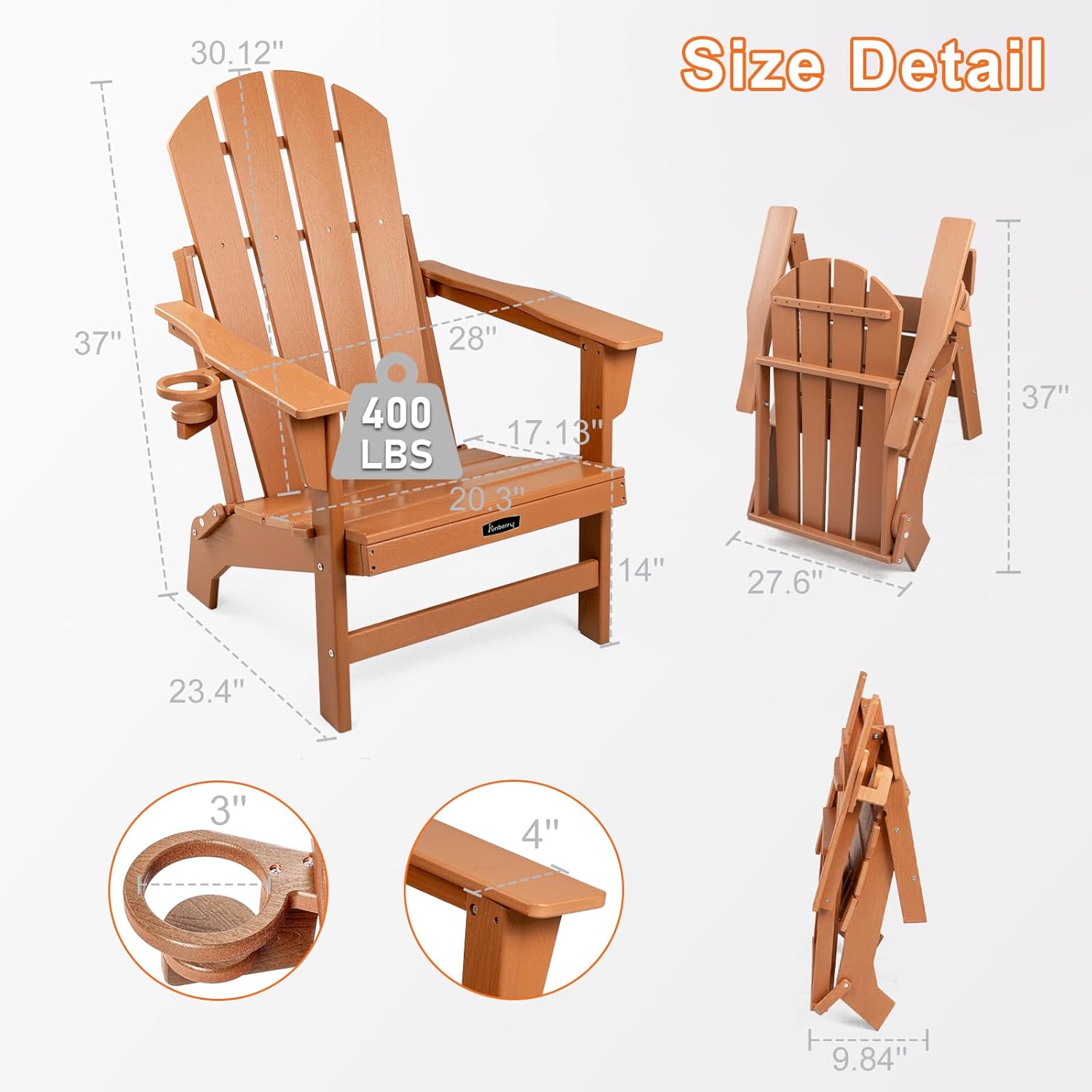 FUNBERRY Folding Adirondack Chairs Set of 4, HDPE Stable Gun-Leg Design Fire Pit Chairs with Cupholder All Weather for Outside