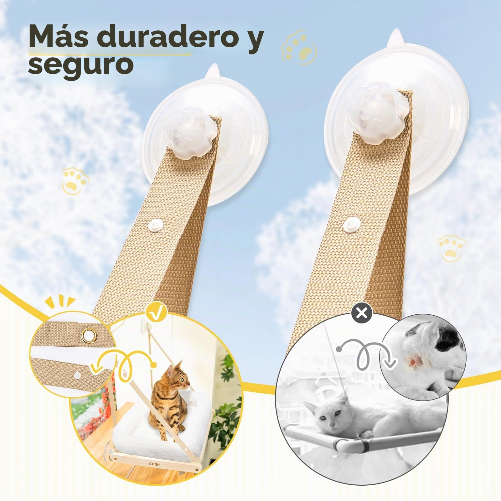CATISM Plegable Hamaca Gato Ventana con Cojín de hasta 20kg, Hamaca para Gatos con Ventosa Fuerte, Lavable Tela Transpirable, Soporte para alféizar de Ventana, Saco de Dormir para Gatos (50x38cm)