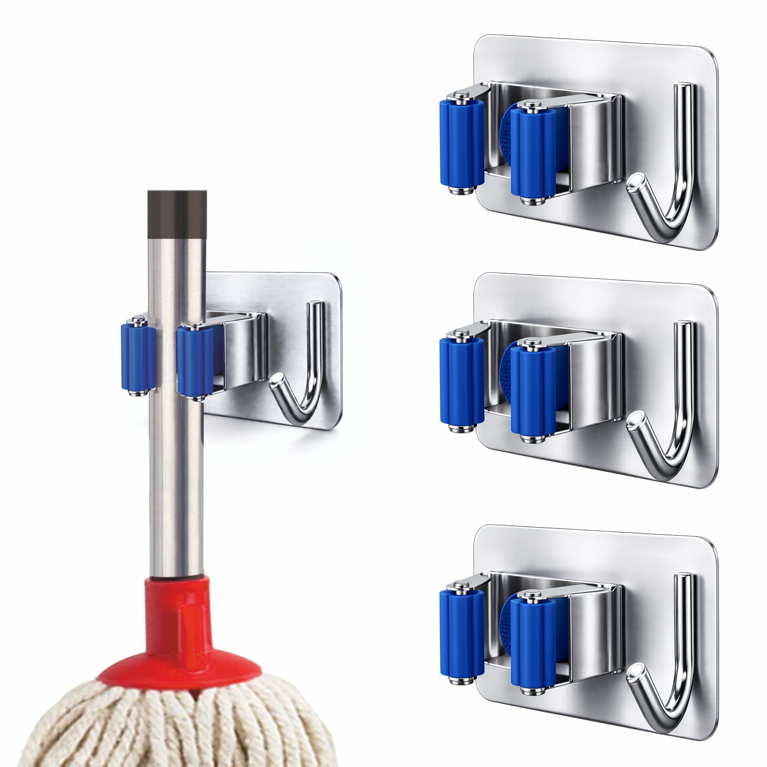 JIALTO 2 Pieces Stainless Steel Broom Holder with Hook - Wall-Mounted Adhesive Waterproof Rustproof Heavy Duty Broom and Mop Stick Holder for Home, Kitchen, Black thumbnail 16