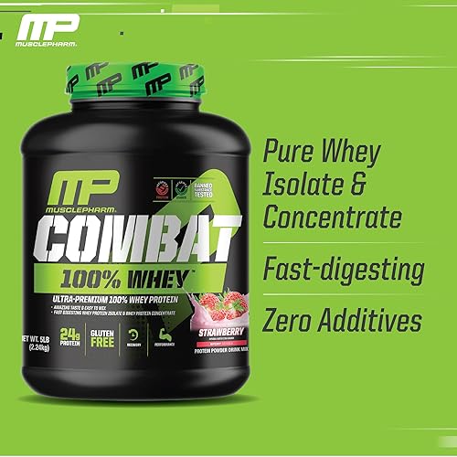 Miniatura 4 de MusclePharm Combat 100% suero de leche, fresa, proteína en polvo de 5 libras, sin gluten, 70 porciones