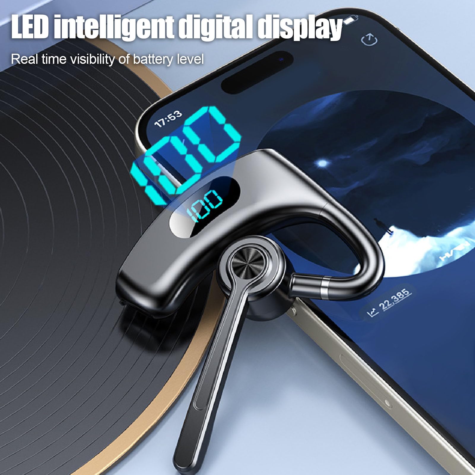 Yunseity Single Bluetooth Earbuds, Single Cordless Earpiece with Microphone, Noise Reduction Hands Driving Headset with Digital Display, 270 Degree Rotatable for Business Driving