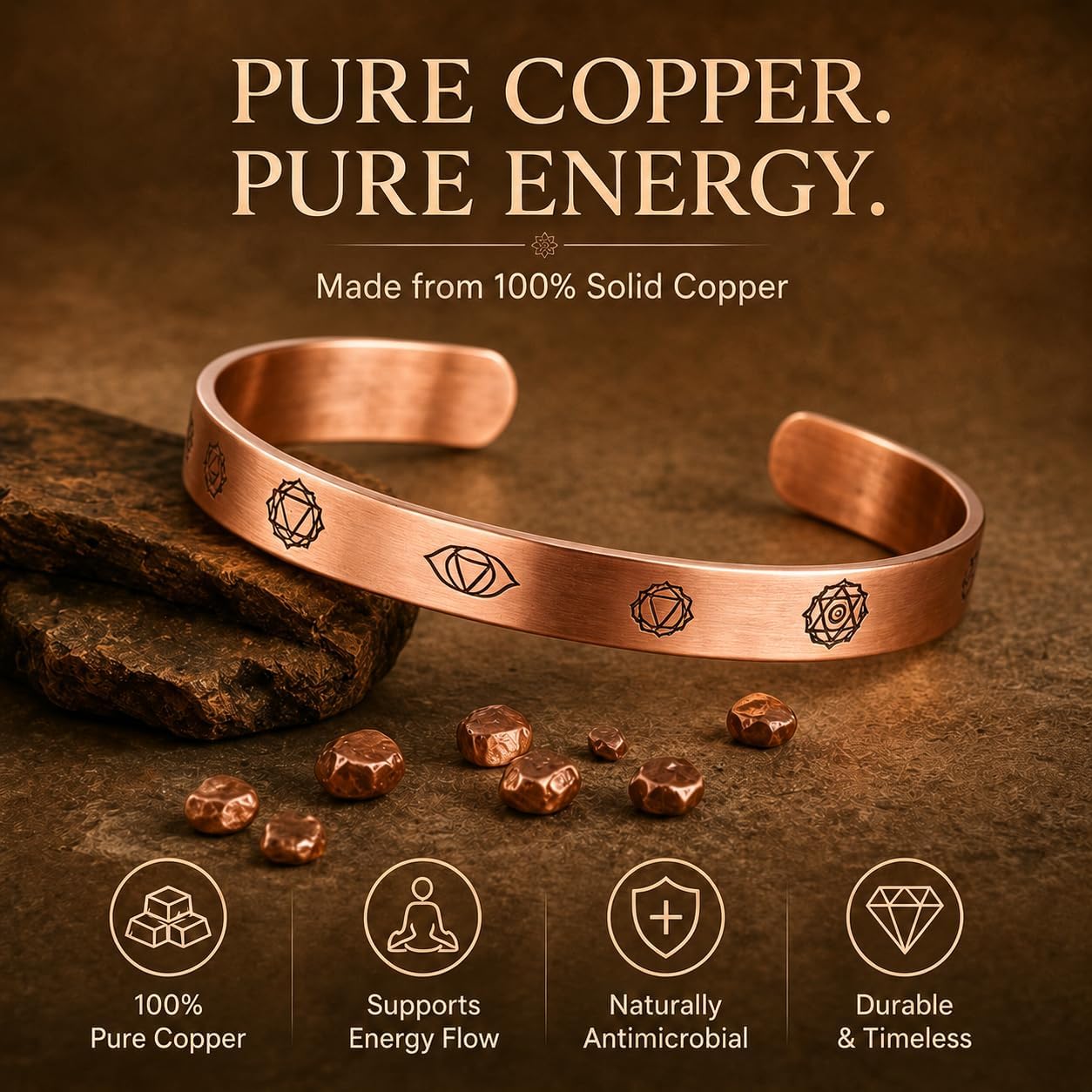 7 Chakra Bracelet for Anxiety Relief, 100% Solid Pure Copper Bracelet, Handmade Hammered Tibetan Cuff Bangle, Healing Meditation Jewelry Gift for Women, Anxiety Relief