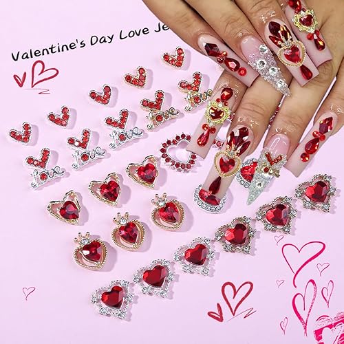 Miniatura 3 de Dijes de uñas para el día de San Valentín, 20 piezas de dijes de uñas de corazón, gemas de uñas rojas, diamantes de imitación de cristal brillante,