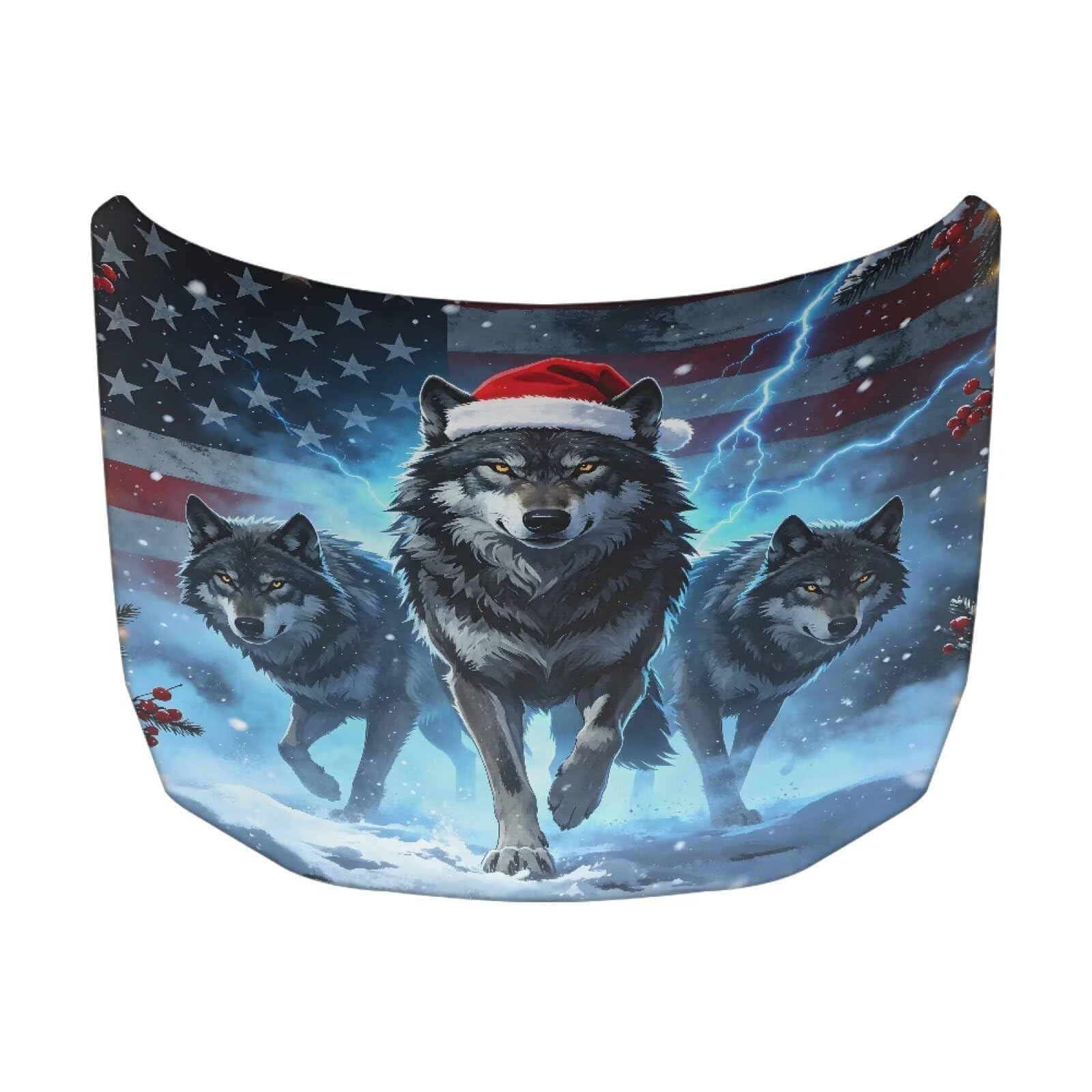 Car Hood Cover Protector Christmas Wolf Pack Flag Print Waterproof Car Hood Wrap Blanket Auto Flag Automotive Christmas Exterior Accessories for Sedans SUVs Pickups Trucks Jeeps