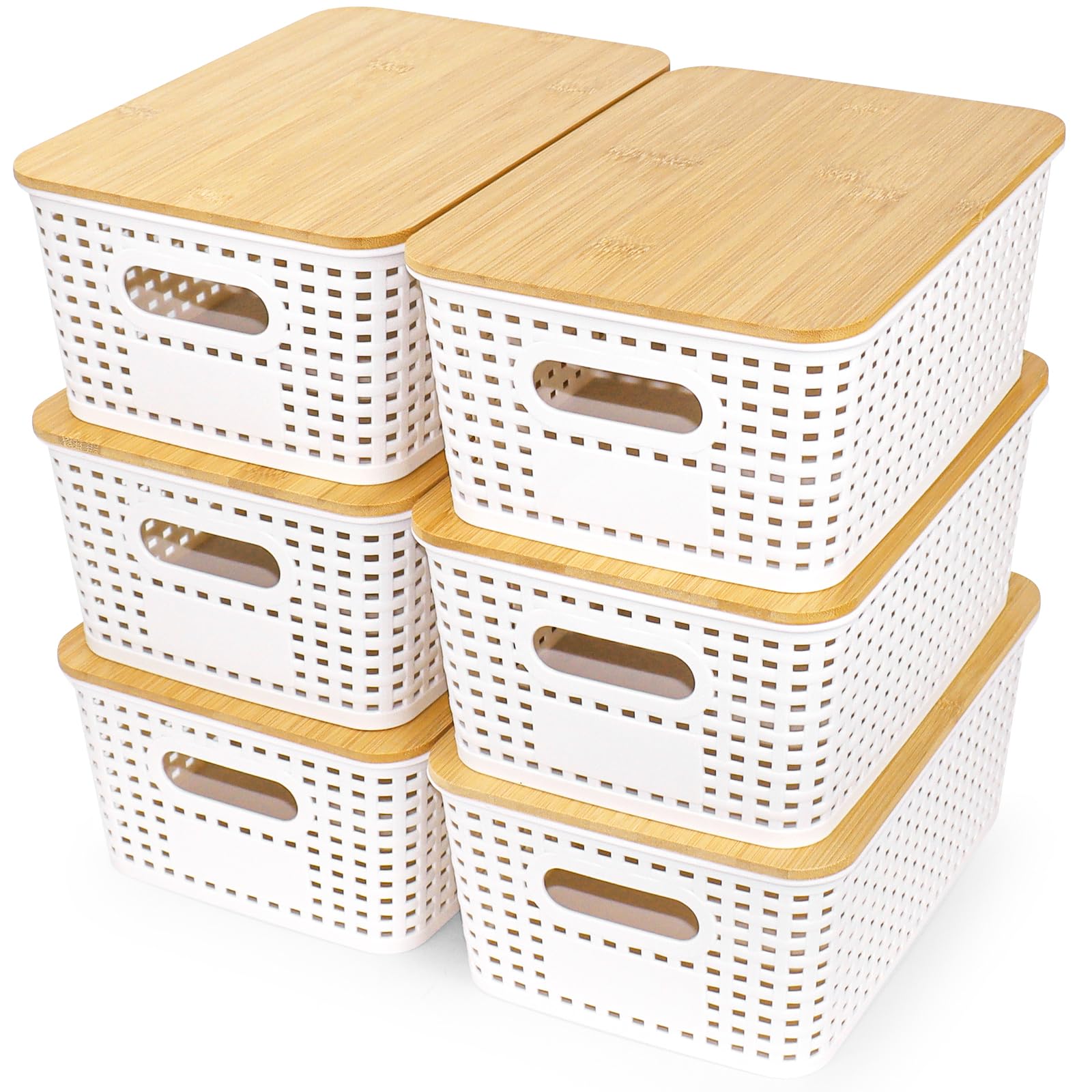6 Pack White Storage Baskets with Bamboo Lids, Stackable Plastic Storage Boxes with Handles, Small Bathroom Organisers for Toiletries, Cosmetics, Cupboards, Pantry and Shelves, 25.5 x 17.8 x 10.5 cm