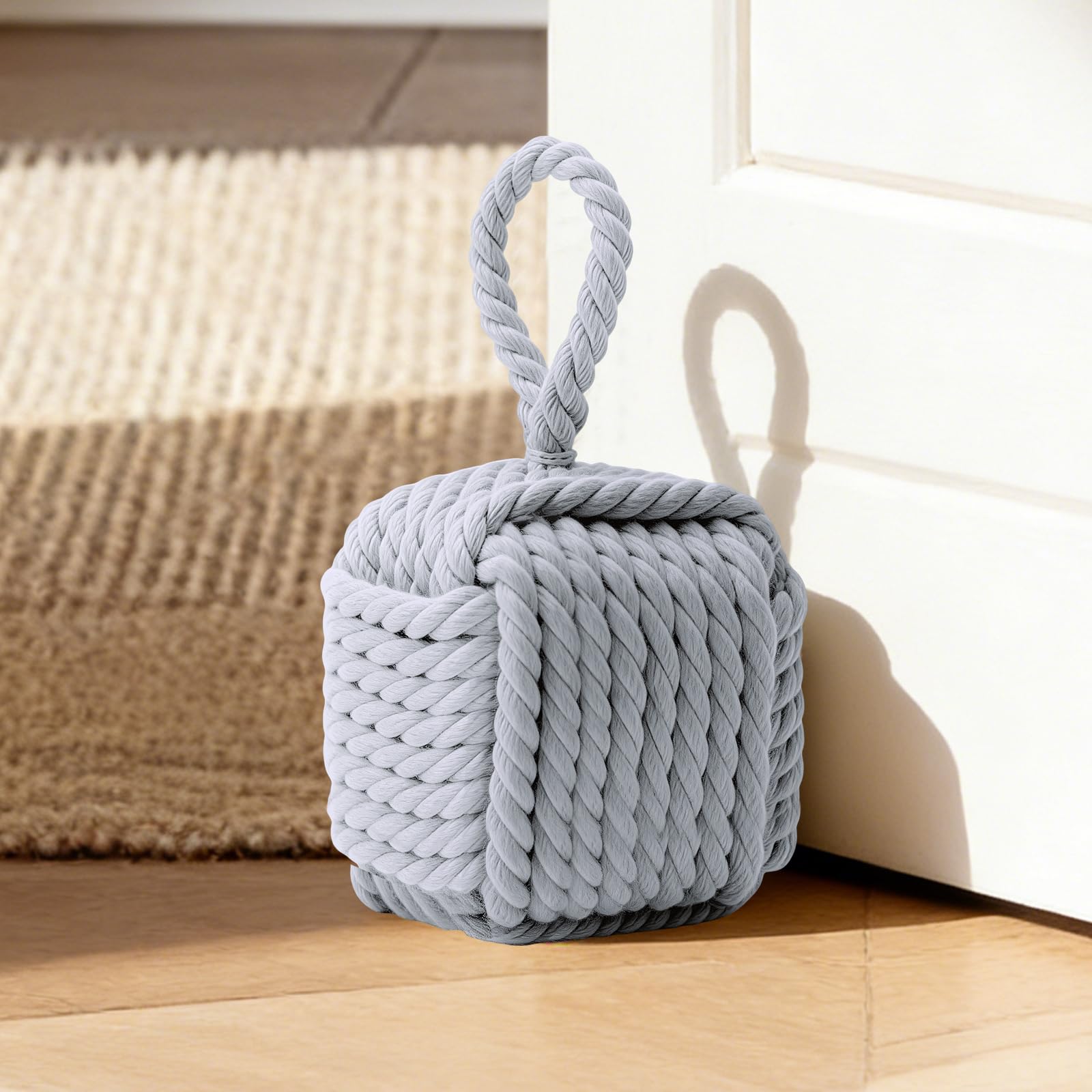 Fabric Door Stop, Heavy Cube Door Stopper for Floor, 1.75Kg Weighted Doorstop with Handle, Rope Knot Decorative Door Stops for Indoors Home, Office, Square Gray