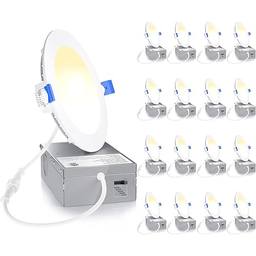 Ensenior 16 Pack Ultra-Thin LED Recessed Lighting 4 Inch 5CCT with Junction Box, 2700K-5000K Selectable, 9W 75W Eqv, Dimmable Can-Killer Downlight, 750LM High Brightness - ETL&Energy Star