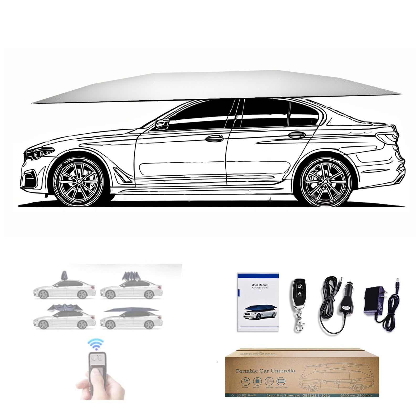 RUODATONLY Automatic Car Umbrella for Roof, Universal Car Tent with storage bag, 4.6/5.2M Portable Protection Carport, Folded Cars Sun Shade Movable Canopy for Sedan SUV 5.2M-Grey