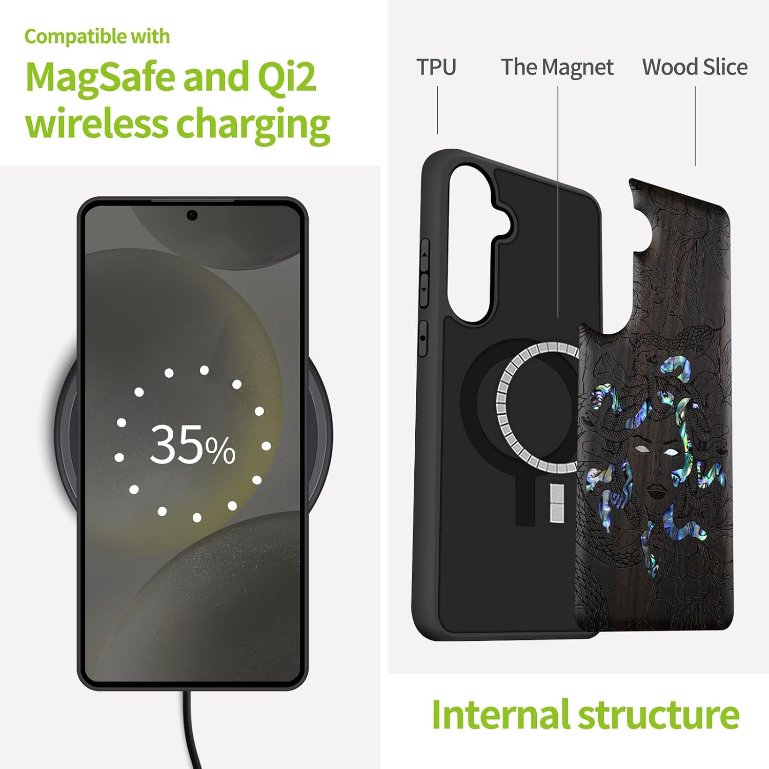 Carveit Magnetic Wooden Case for Galaxy S25+ / S25 Plus Case, Wood Artisan Engraved & Handmade Shell Inlaid, Compatible with MagSafe Wireless Chargers (The Medusa Enigma) Blackwood