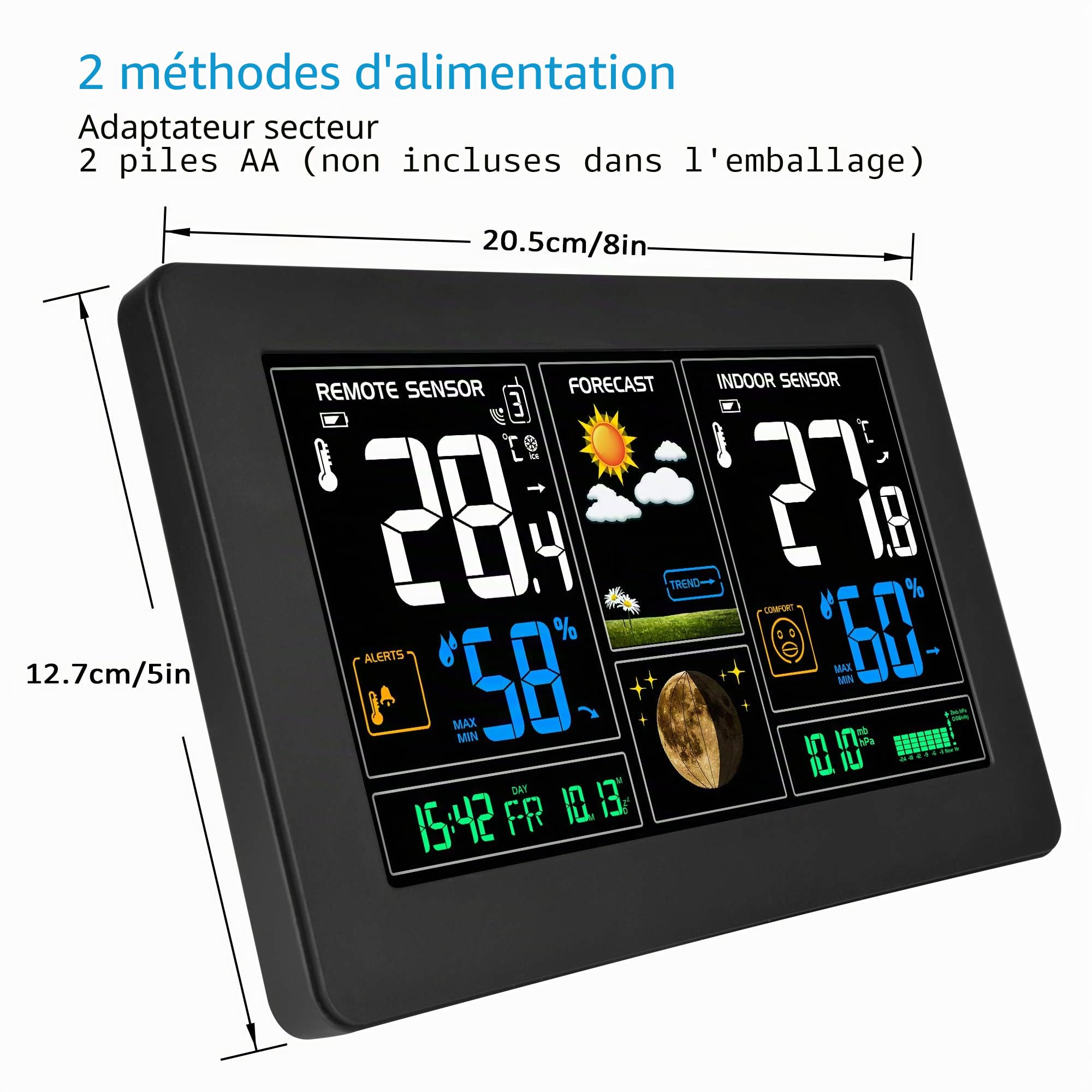 DCF Station Météo avec Intérieure Extérieure Capteur sans Fil, Thermomètre Hygromètre Baromètre Phase de la Lune 9-in-1 Numériques Écran LCD Coloré avec Réveil Snooze Météo Prévisions