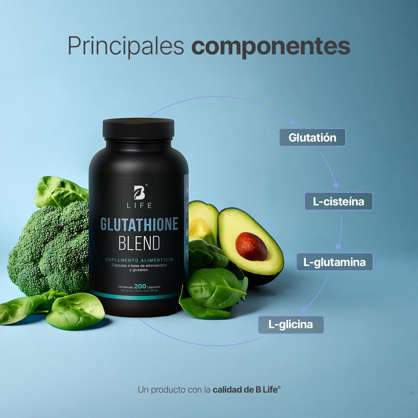 B Life Glutatión | 200 Cápsulas | 1000 mg por porción | Glutatión,  L-Cisteína, L-Glutamina y L-Glicina | Ingredientes Naturales