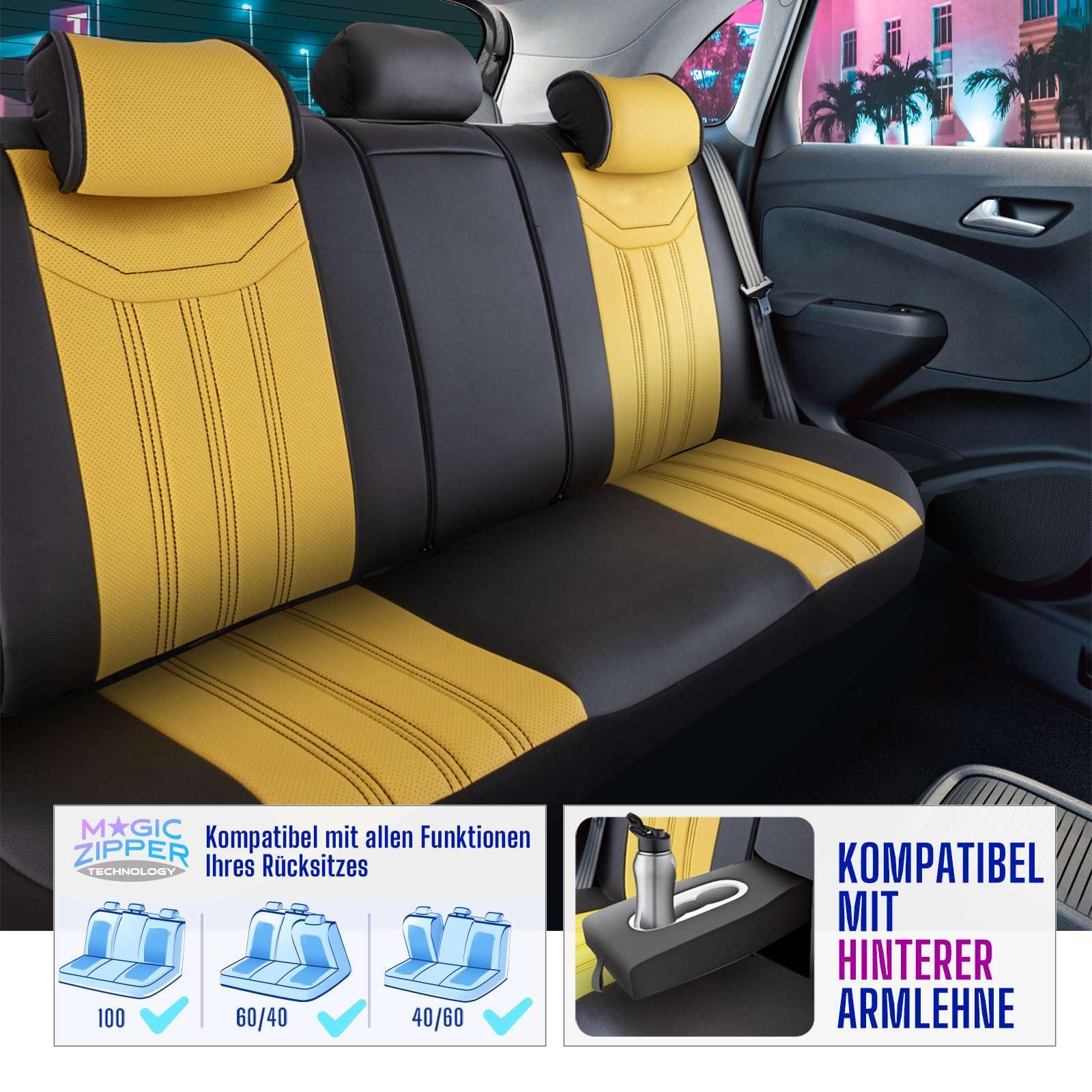 Autositzbezüge Universal für PKW & SUV – Premium Vordersitze Auto Sitzbezug aus Leder, Gelb-Schwarz, Airbag-Kompatibel Sitzauflage, Autoschonbezug, Komplett-Set inkl. Montageset