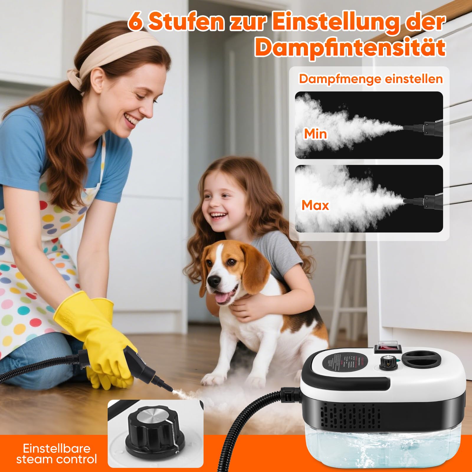 Dampfreiniger Handgerät,Steam Cleaner mit 1500ML Tank,Tragbarer Hochdruck Dampfreiniger mit 3 Arten von Düsen,6 Einstellbare Geschwindigkeiten von Polstermöbel, Küche, Badezimmer, Auto