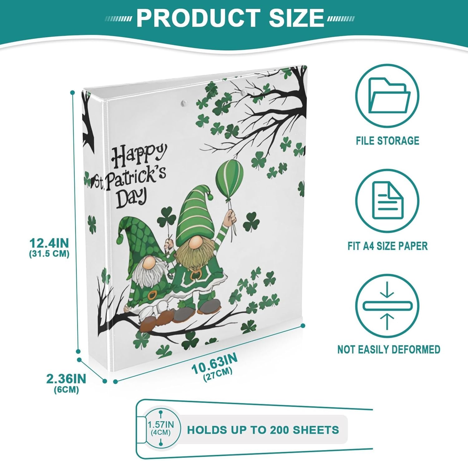 St. Patrick's Day Pixie 3 Ring Binders, 1.5” Round Ring Binders with Clipboard - Letter Size, 3 Interior PVC Clear Pockets & Anti-Slip Clip for Office School Supplies, 2PCS