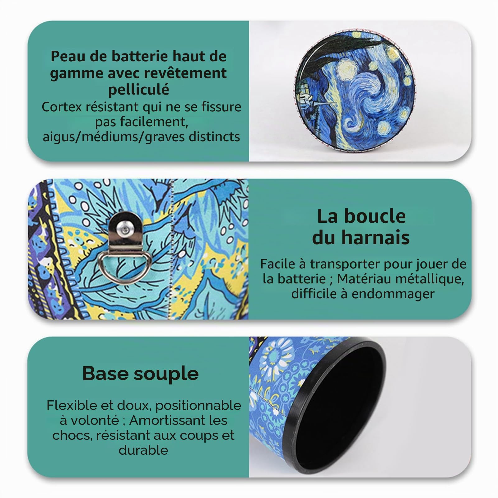Tambour Djembé, Djembé avec Sangle 8 Pouces en Fibre de Carbone PVC Tambour à Main Ultra Léger Tambour Africain pour Débutants Adultes et Enfants (4)