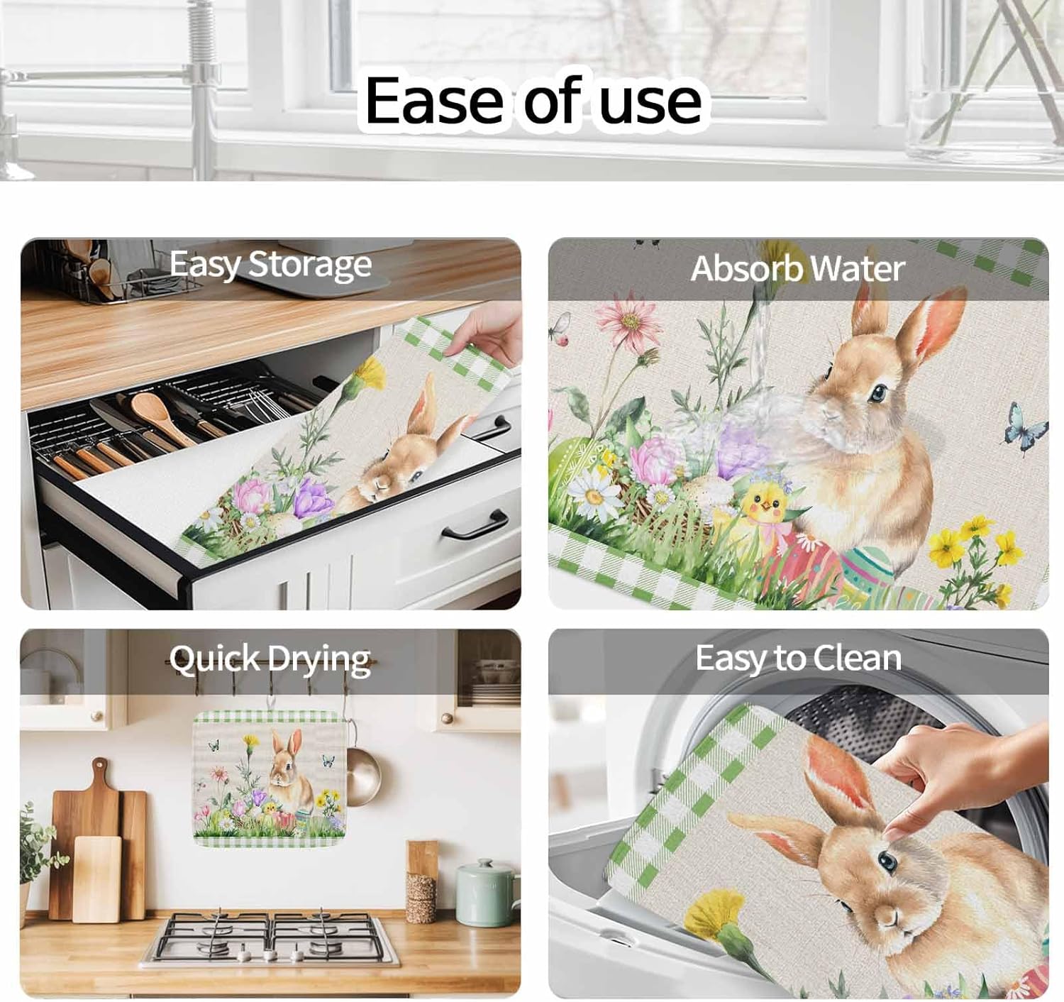Spring Easter Rabbit Eggs Aand Flowers Dish Drying Mats for Kitchen Counter,Absorbent Microfiber Dish Drainer Rack Mat Farm Retro Burlap and Lattice Drying Pad for Sinks,Utensils,Countertops,18x24in