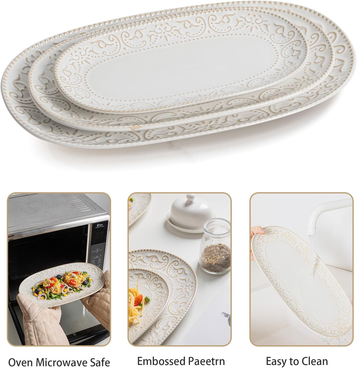 Serving Platters Set, 14"/12"/10" Oval Ceramic Serving Plates, Embossed Serving Trays for Party, Oven Dishwasher Safe, Vintage White Serving Dishes for Entertaining, Appetizers, Pasta, Sushi