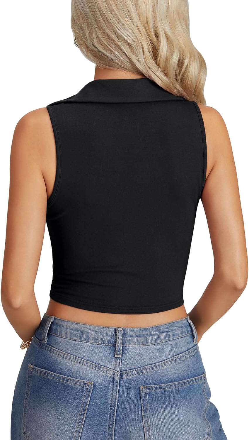 Rooscier Women's Sleeveless Crop Tops Collared V Neck Knit Ribbed Slim Fitted Cami Shirts Top - Image 5