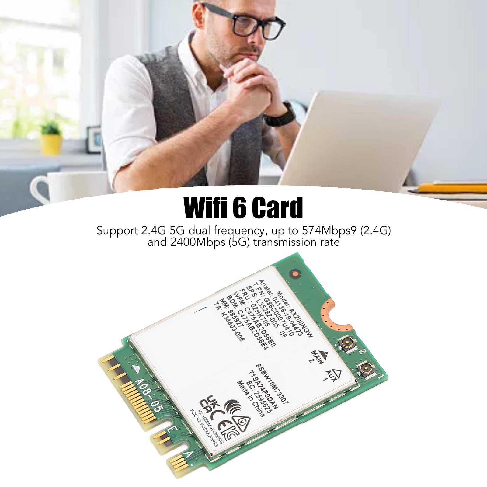 Scheda di Rete NGFF, 2.4G 5G Dual Band 574Mbps 2400Mbps Connessione BT5.1 Comoda Scheda di Rete Wireless Stabile, Trasmissione Stabile Durevole a Bassa Potenza per Windows 10 11 64Bit