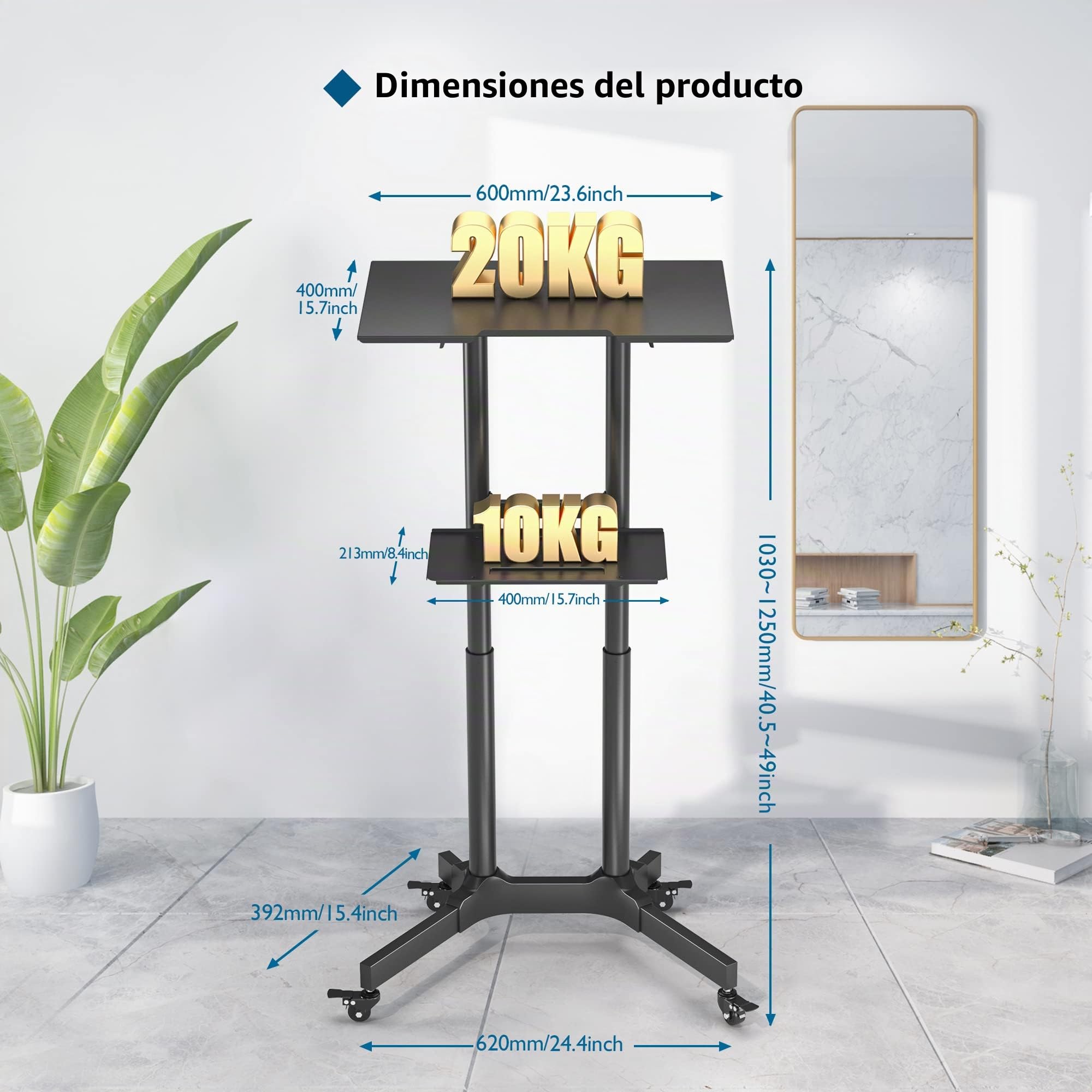 BONTEC Escritorio de Pie Móvil con Altura Ajustable, Escritorio para Computadora Portátil con Ruedas, Estación de Trabajo de Pie con Bandeja Compacta Ajustable