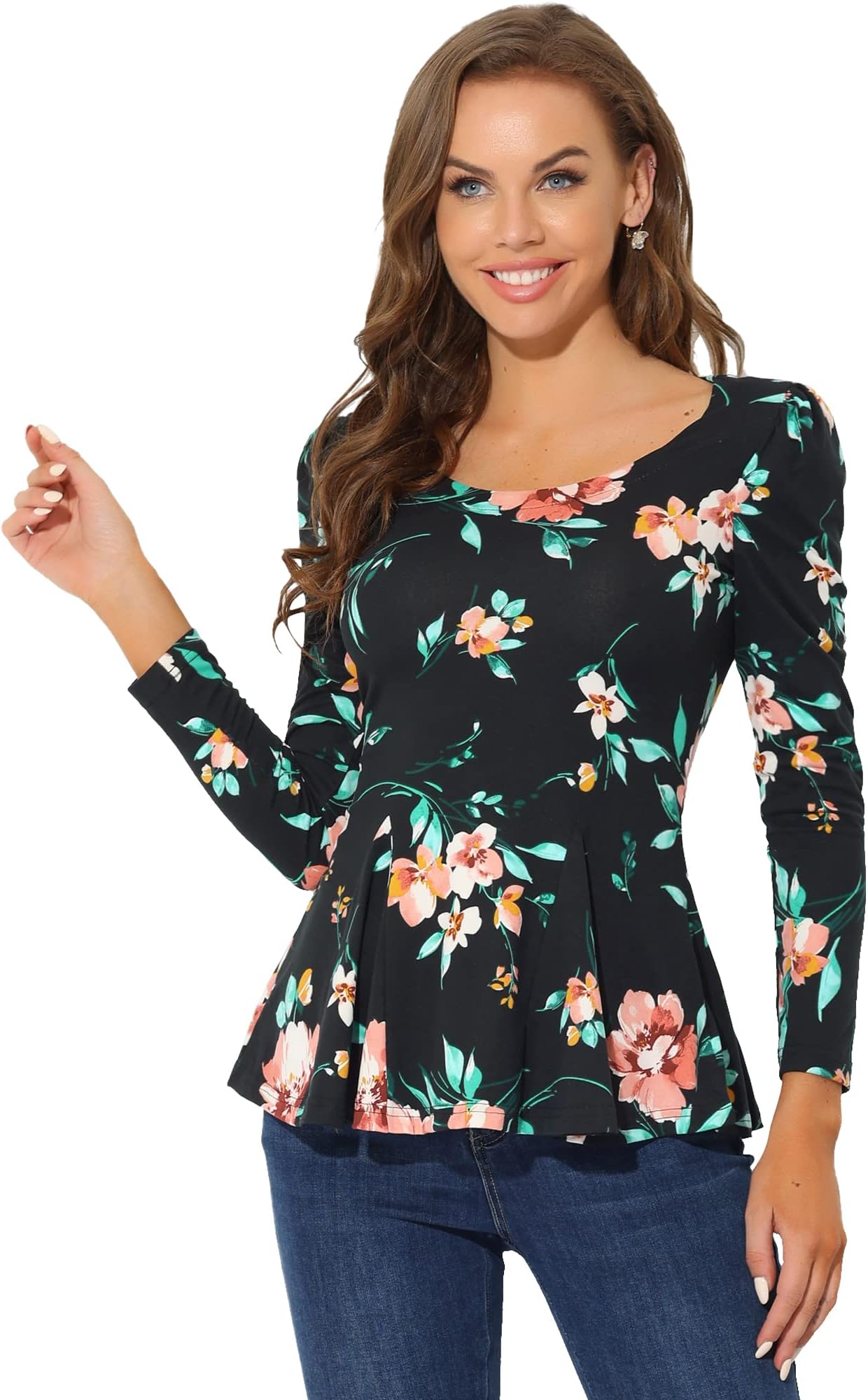 Allegra KWomen's Long Sleeves Scoop Neck Printed Peplum Shirt