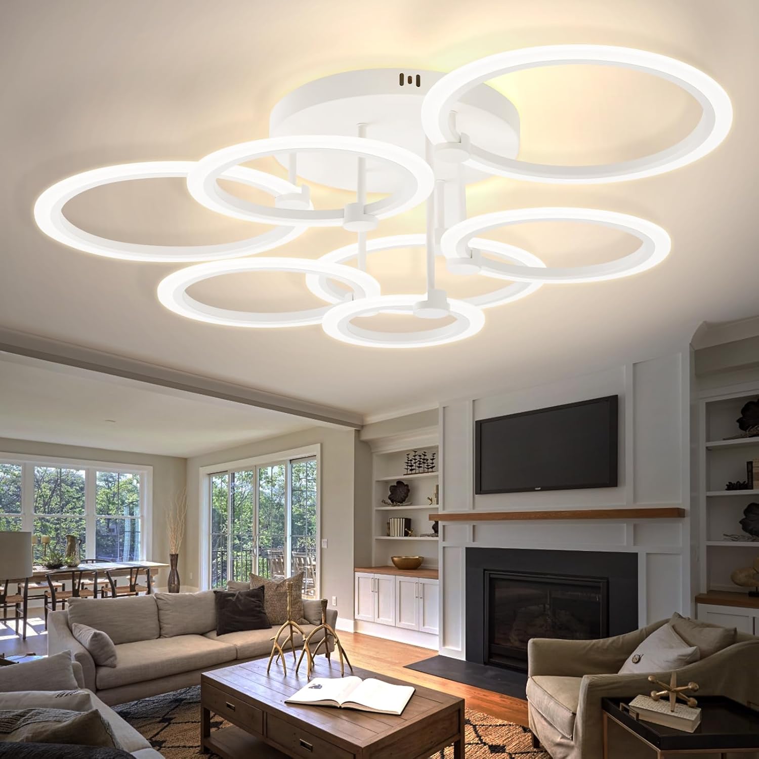 Modern LED Ceiling Light Dimmable Ceiling Light Fixtures with Remote 7 Rings White Close to Ceiling Lights 31.8" 130W 3000K-6500K Flush Mount Ceiling Lamp for Living Room,Bedroom,Kitchen