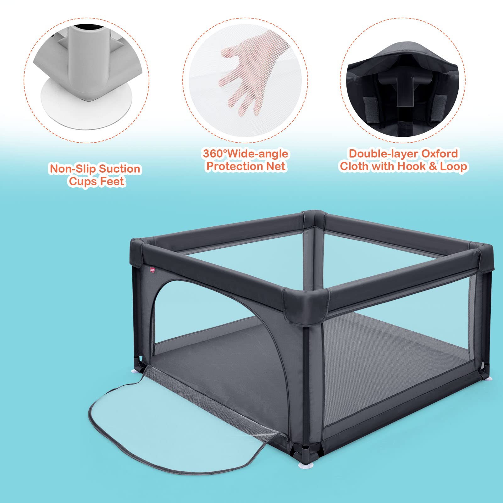 LIFEZEAL Corral con puerta corredera, área de juego de tela Oxford lavable, centro de actividades para bebés con 50 pelotas de juego 120x120x68CM (Gris oscuro)