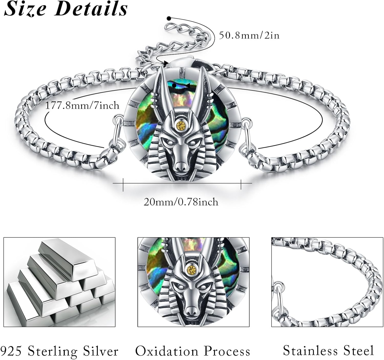 MEDWISE Egyptian Anubis Bracelet S925 Sterling Silver Anubis God of Underworld Adjustable Bracelet 7+2 Inches with Abalone Shell Jewelry for Unisex Men Women Birthday Gifts