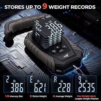 KastKing Weighmaster Digital Fish Scale, IPX6 Waterproof, Black | 120 lb Capacity, 2.5 Backlit Display, Temperature Detection, High-Precision Sensor, 9 Weight Memory, lb/oz/kg Multi-Modes