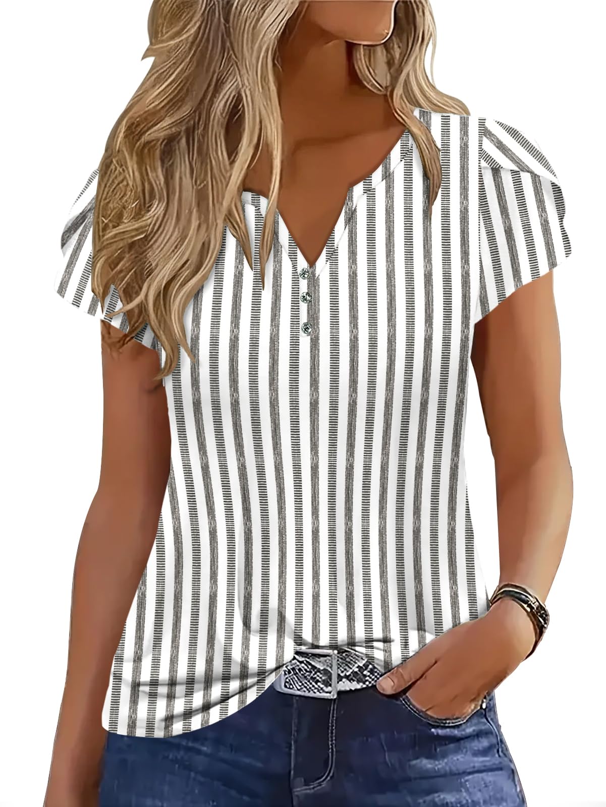 Womens Tops 2026 Summer Ladies Tops Pleated Tunic Dressy Casual Blouse | ETCYY Trendy Tops, Petal Short Sleeve T Shirts, Striped Floral, Loose Button Down, V Neck Dressy Tops, Summer Clothes