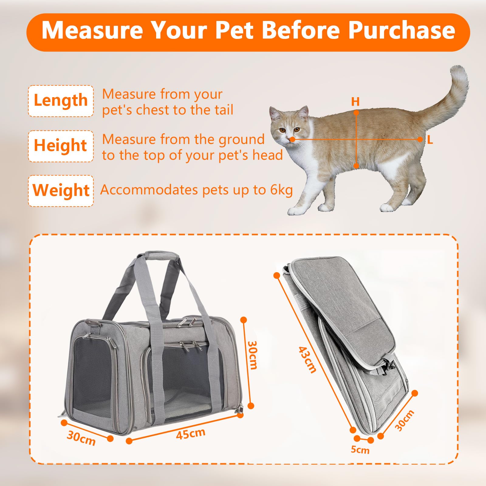 Transportín Perros Gato con Correa Hombro Ajustable y Colchón Suave,Bolsa Transporte Transpirable Plegable para Viajes Mascotas,Trasportines Portátil 45x30x30cm para Perro Gatos Pequeños Mediano(Gris)