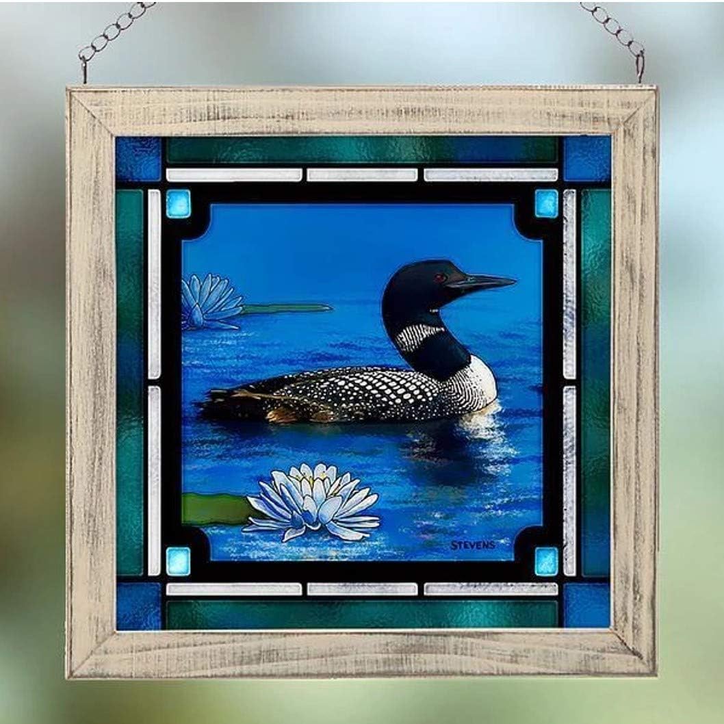 Wild Wings “Northland Retreat Loon” Stained Glass Art by Gene Stevens – 9" x 9" Wildlife Window Panel with Black Frame, Ready to Hang, Made in USA