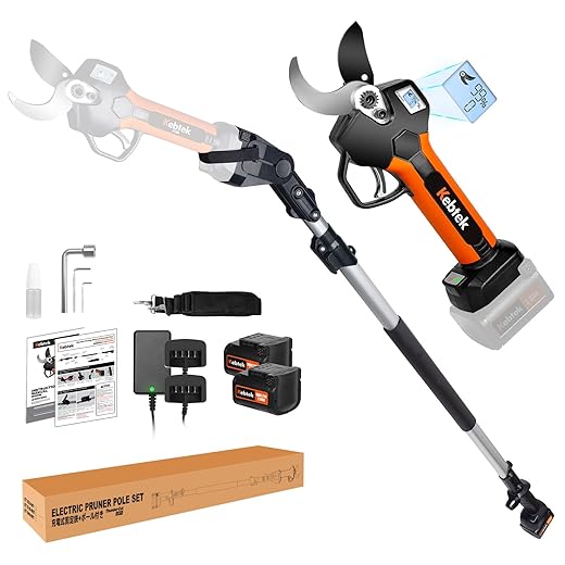 Electric Pruning Shears 40MM Pole Set, Kebtek Professional Pruning Shears Battery Powered 21V Brushless Motor 2Pack 2AH Rechargeable Lithium Battery-LCD Display Screen (KT940 Pruner+Pole Set)