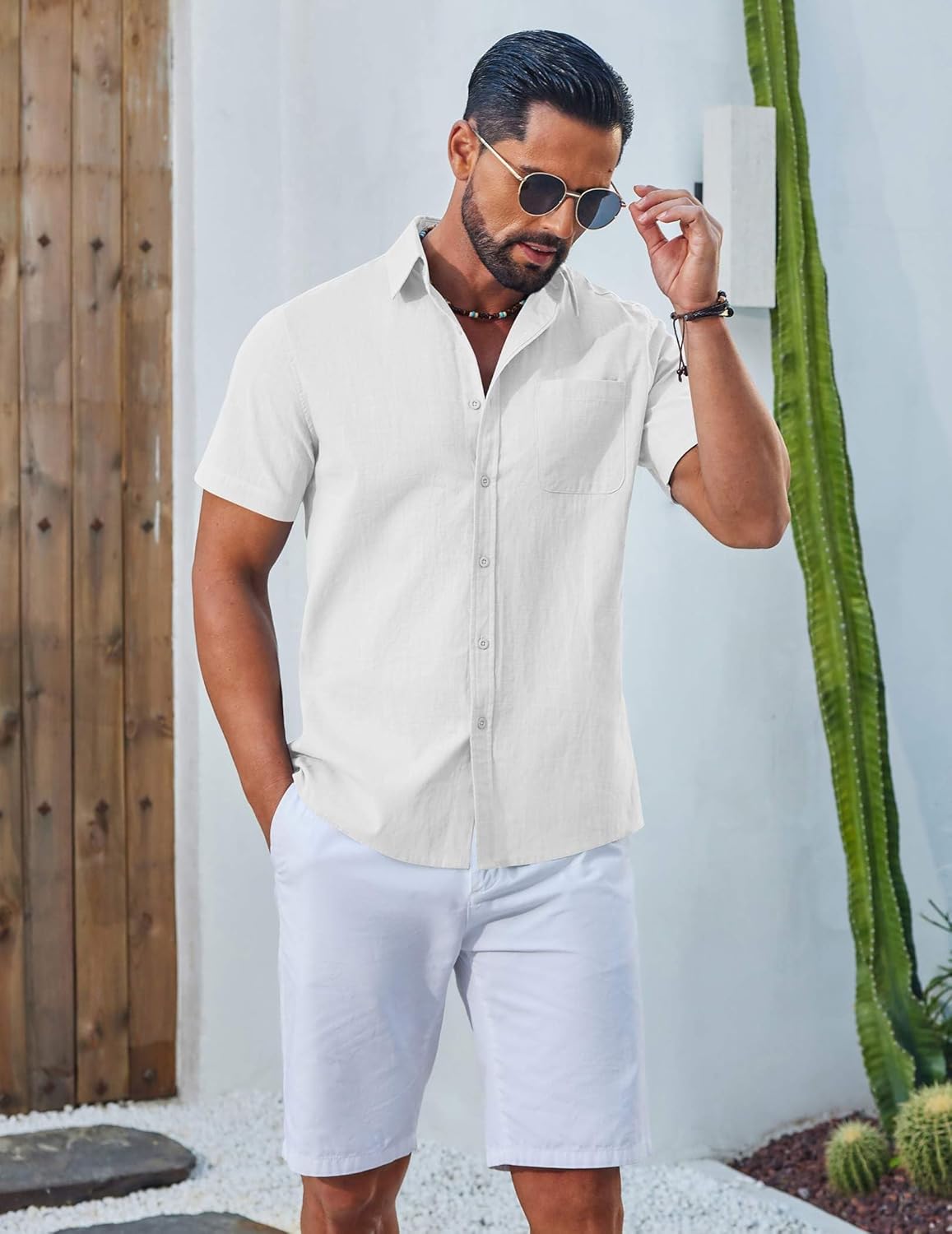 COOFANDY Mens Button Down Shirt Short Sleeve Casual Stylish Cotton Shirts Linen Textured Summer Beach Wedding Shirt - Image 4