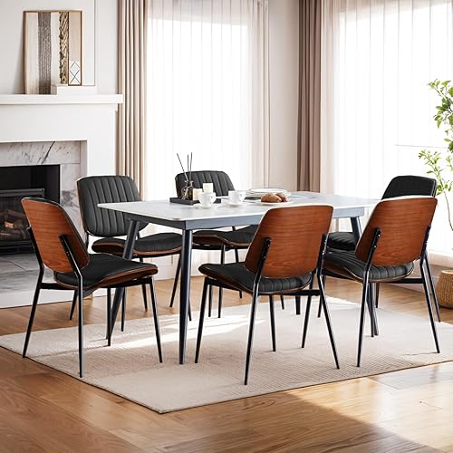 Miniatura 7 de Juego de 2 sillas de comedor, sillas de cuero sintético retro de mediados de siglo con asiento tapizado de madera curvada de nogal, patas de metal