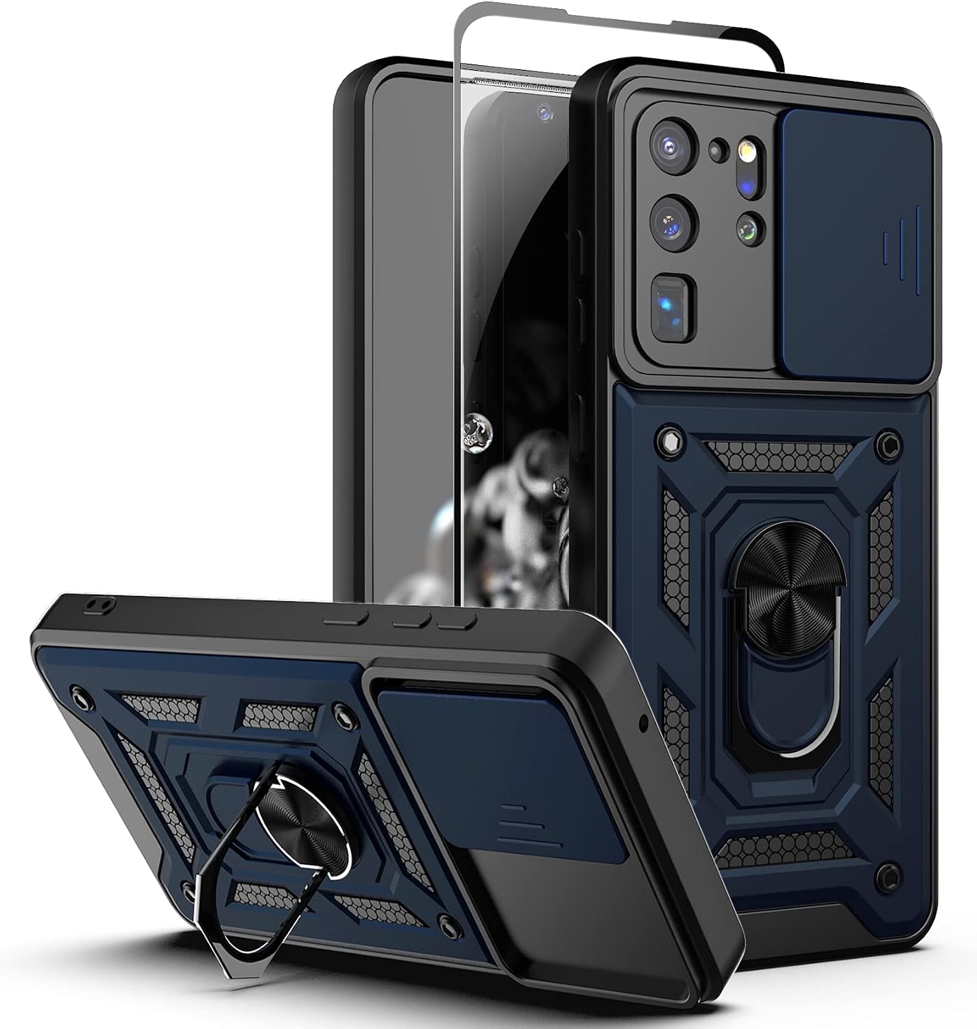 Dretal Galaxy S20 Ultra 5G Case with Stand Kickstand Ring and Camera Cover with Tempered Glass Screen Protector, Military Grade Shockproof Protective Cover for Samsung Galaxy S20 Ultra(TC-Navy)