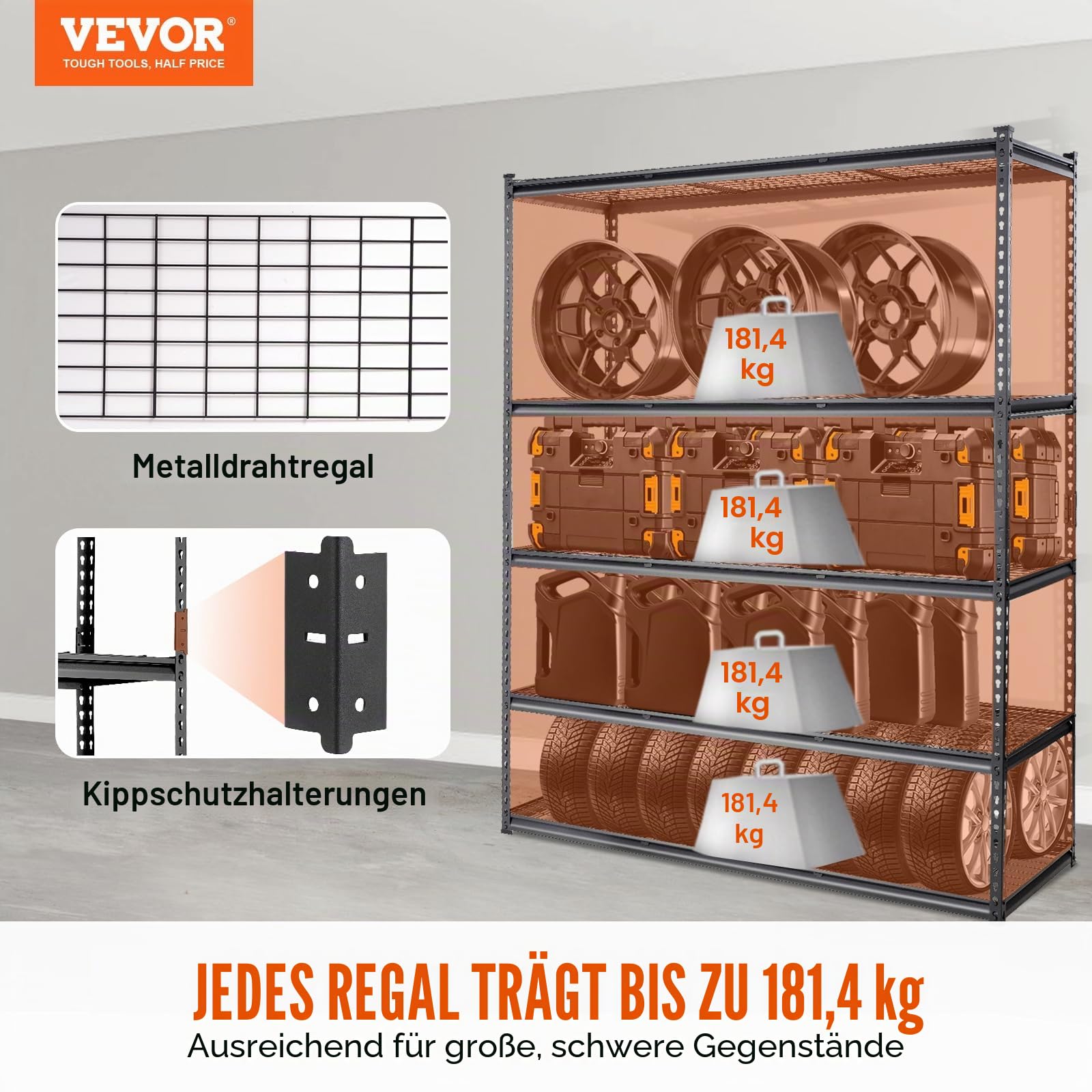 VEVOR Lagerregal 5-stufig verstellbar 907,2 kg Kapazität Garagenregale, Metall-Organizer Drahtregal schwarz 152,4 x 61 x 198,1 cm für Küche, Speisekammer Keller Badezimmer Wäscheschrank