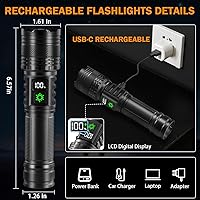 Vista 3 de Paquete de 3 linternas recargables de alto lúmenes 9900FL, linterna LED recargable con pantalla digital LCD, 5 modos de luz de flash ajustable