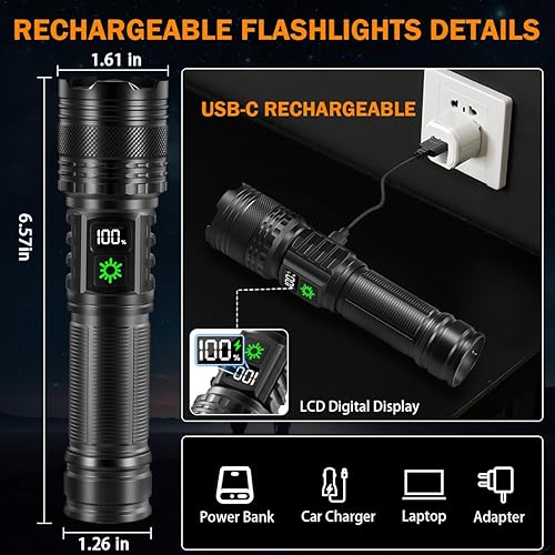 Miniatura 3 de Paquete de 3 linternas recargables de alto lúmenes 9900FL, linterna LED recargable con pantalla digital LCD, 5 modos de luz de flash ajustable,