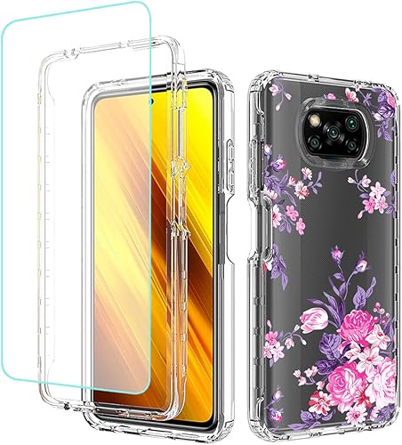Funda para Poco X3 NFCPoco X3 ProPoco X3, M2007J20CG con protector de pantalla de vidrio templado, diseño floral a prueba de golpes, cubierta