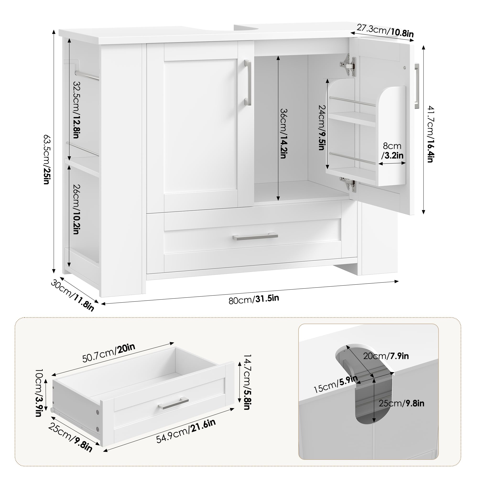 FOREHILL 80cm Mueble Baño Lavabo, Mueble Lavabo con Pie, Blanco | Mueble Baño, con 2 Portarrollos, 2 Puertas, 1 Cajón, 4 Estantes Abiertos, 80x30x63,5cm