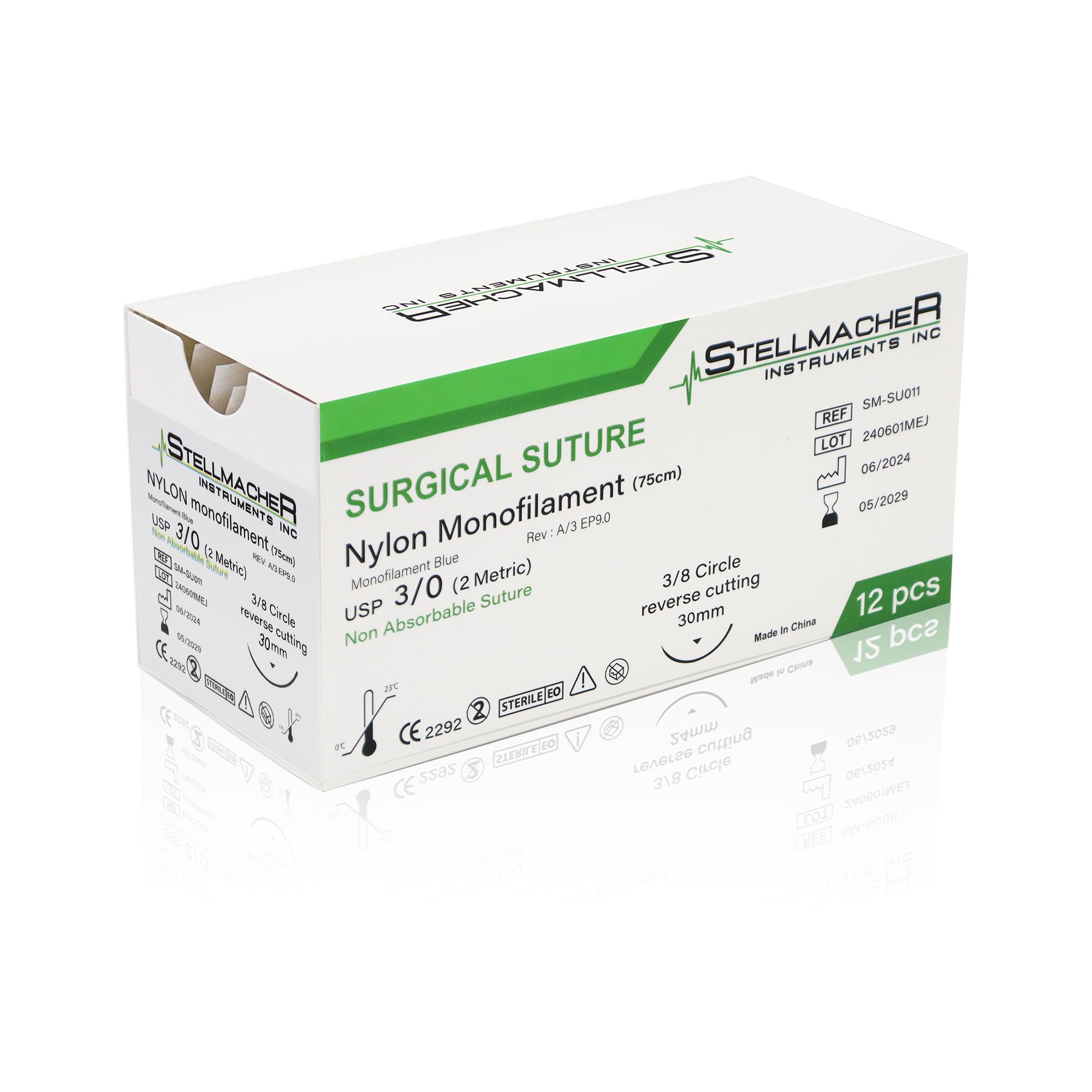 StellMacher Nylon Sutures with Needle – Non-Absorbable Monofilament – 12 Pack – for Training, Simulation Practice & Educational Use (Nylon Suture 3-0)