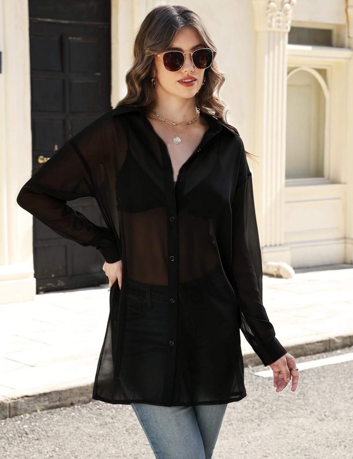 Gihuo Womens Sheer Blouse Mesh Button Down Shirts Long Sleeve Sexy See Through Tops - Image 3