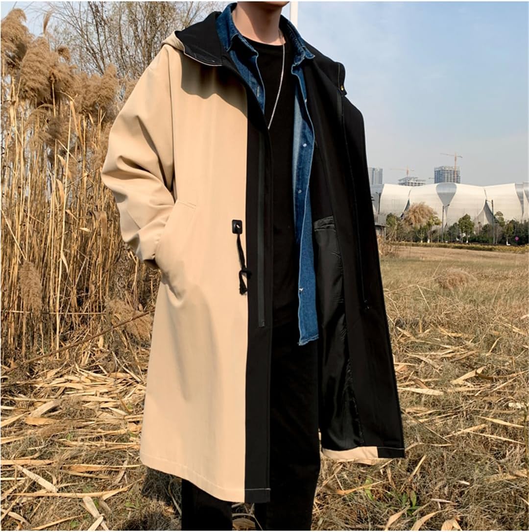 Men's Trench Coat Patchwork Color Fake Two Pieces Hooded Jacket Buttons Long Windbreaker
