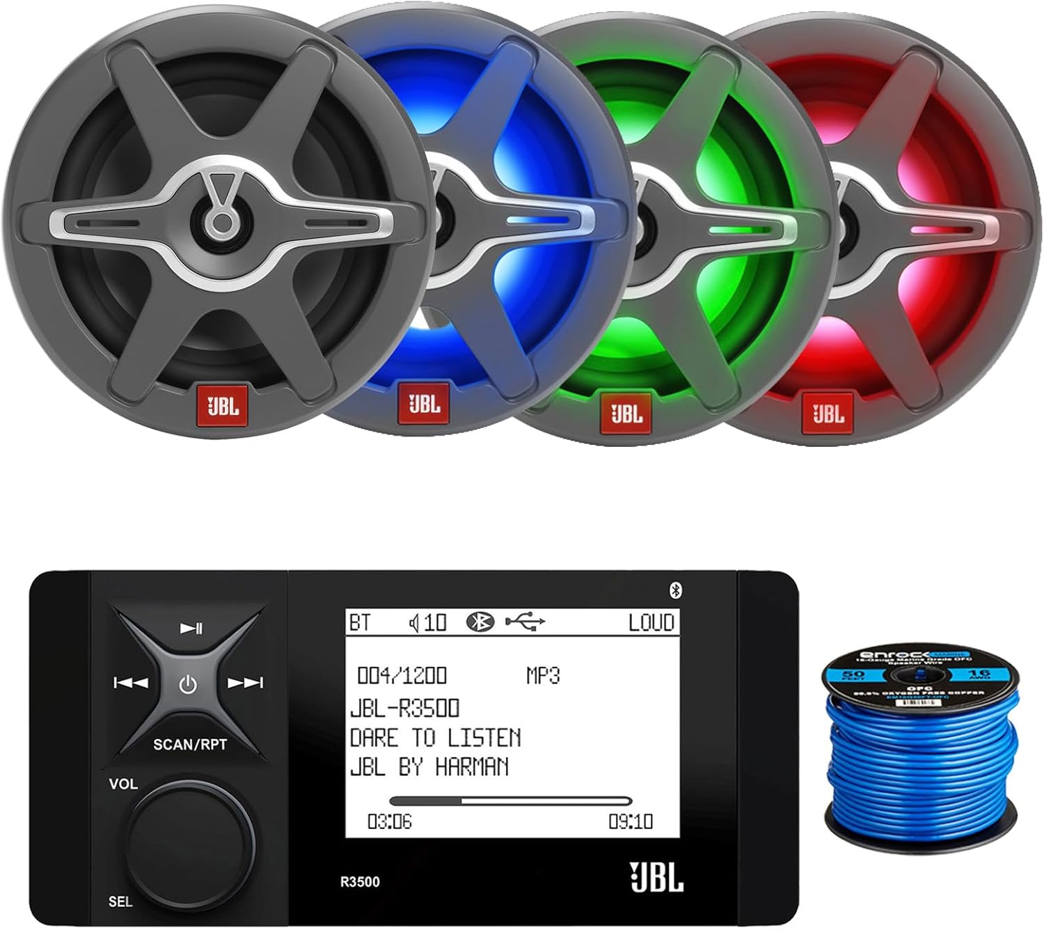 Marine Bluetooth AM/FM Stereo Digital Media Receiver, 4X 6.5 Multicolor LED OEM Replacement Speakers (White + Grey Grilles) w/Wire