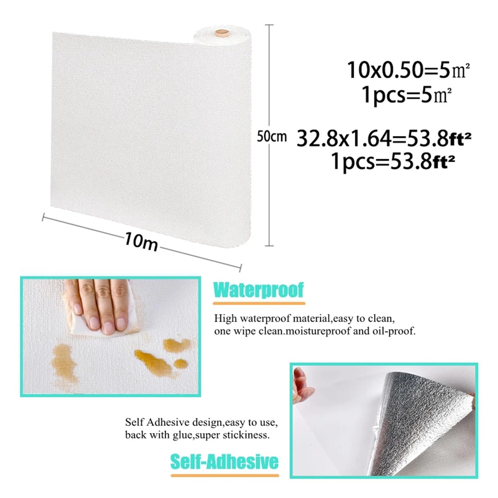 Testata Letto Carta da Parati in Lino autoadesiva Impermeabile Anti-umidità e Anti-Muffa 3D Adesivi murali Decorazione della Parete del Soggiorno della casa(White,1Pcs50cmX10m)